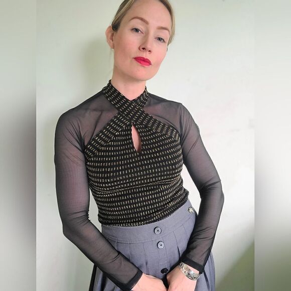 The Xena Vintage 60s Mesh Gold and Summer Goth Black Blouse XS-S - Picture 2 of 12